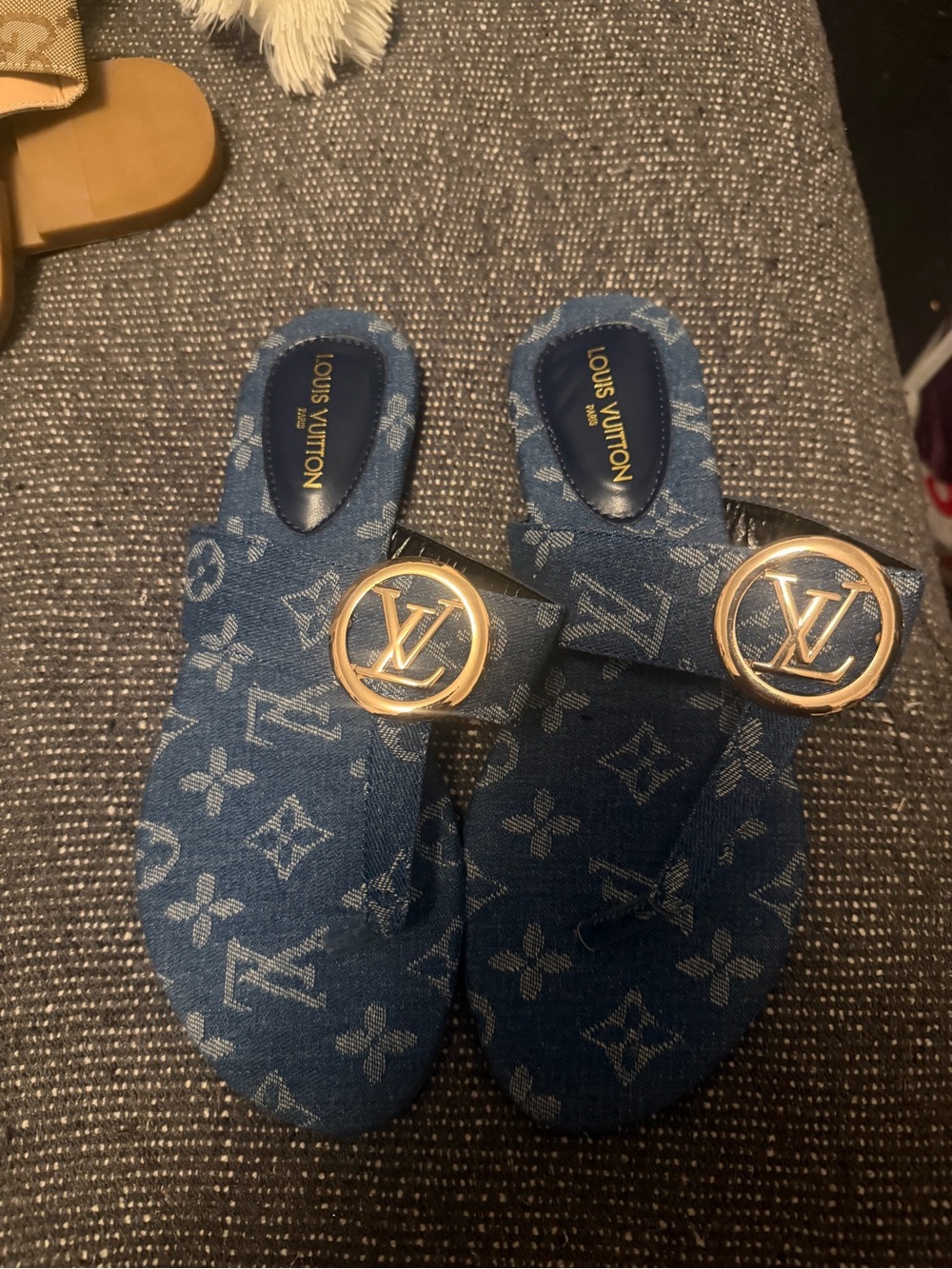 Louis Vuitton Blue Monogram Denim Slide Mules with Gold LV Medallions